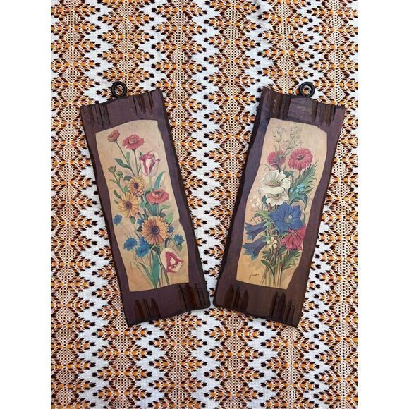 Vintage MCM Wooden Floral Art Plaques - Picture 1 of 9